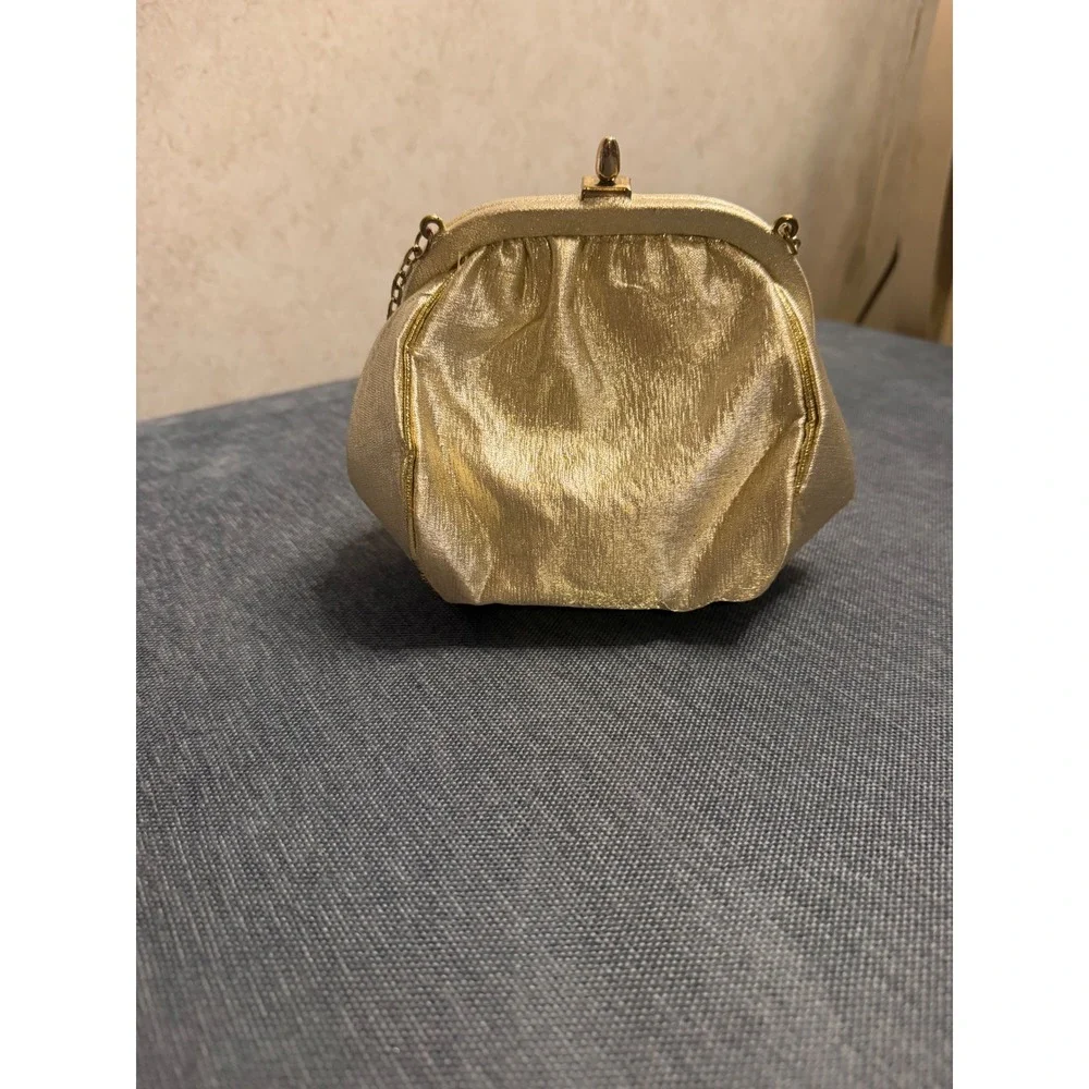 Vintage Gold Metallic Evening Clutch Bag Kiss Lock Chain Strap Formal‎ Wedding